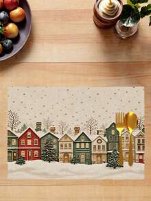 2/4/6Pcs Vintage Christmas Town Placemat, Snowy Winter Village Houses Table Mat, Antique Linen Texture Snowflake Table Decor, Farmhouse Rustic Holiday Dining Table Linen, Washable Table Protection Pad - Champagne - View 6
