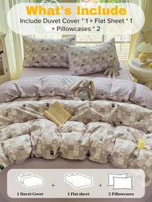 4PCS Purple-Grey Plaid Bear Duvet Cover Set, Polyester, Includes 1 Duvet Cover, 1 Bed Sheet, 2 Pillowcases, Without Duvet Insert And Pillow Insert, Pillowcase Pattern Randomly Cropped - Purple Gray - View 5