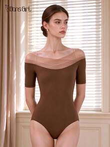 DonsGirl 1 bộ bodysuit ballet nữ, phối lưới nhiều lớp đính đá ở cổ, phù hợp cho múa hiện đại, múa cổ điển, yoga, tập luyện và biểu diễn sân khấu - Cà phê nâu - Xem 10
