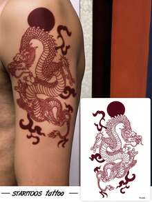 STARTTOOS 1pc Red Vintage Chinese Style Sun & Auspicious Cloud Coiled Dragon Pattern Party Gift DIY Holiday Gift Temporary Waterproof Tattoo Sticker For Arm, Back, Leg, Body - Red - View 1