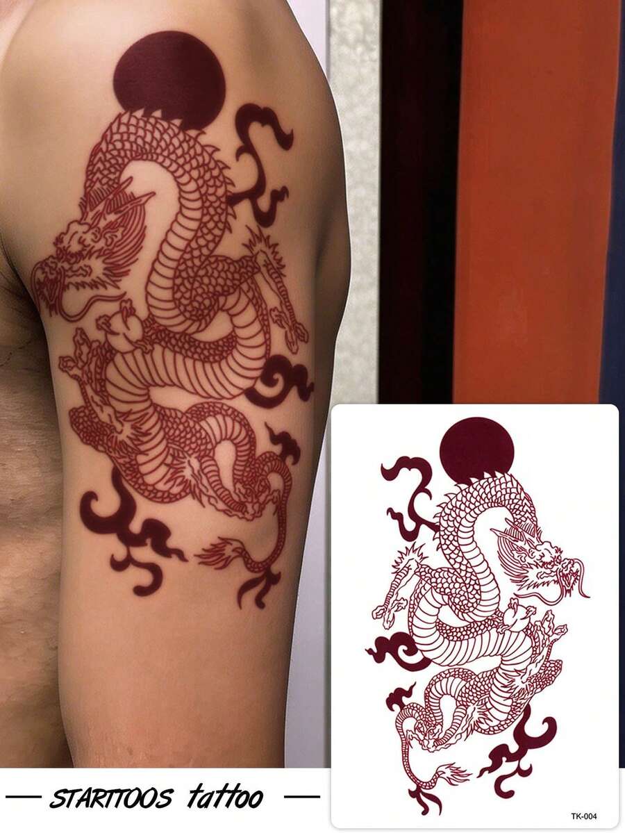 STARTTOOS 1pc Red Vintage Chinese Style Sun & Auspicious Cloud Coiled Dragon Pattern Party Gift DIY Holiday Gift Temporary Waterproof Tattoo Sticker For Arm, Back, Leg, Body - Red - View 1