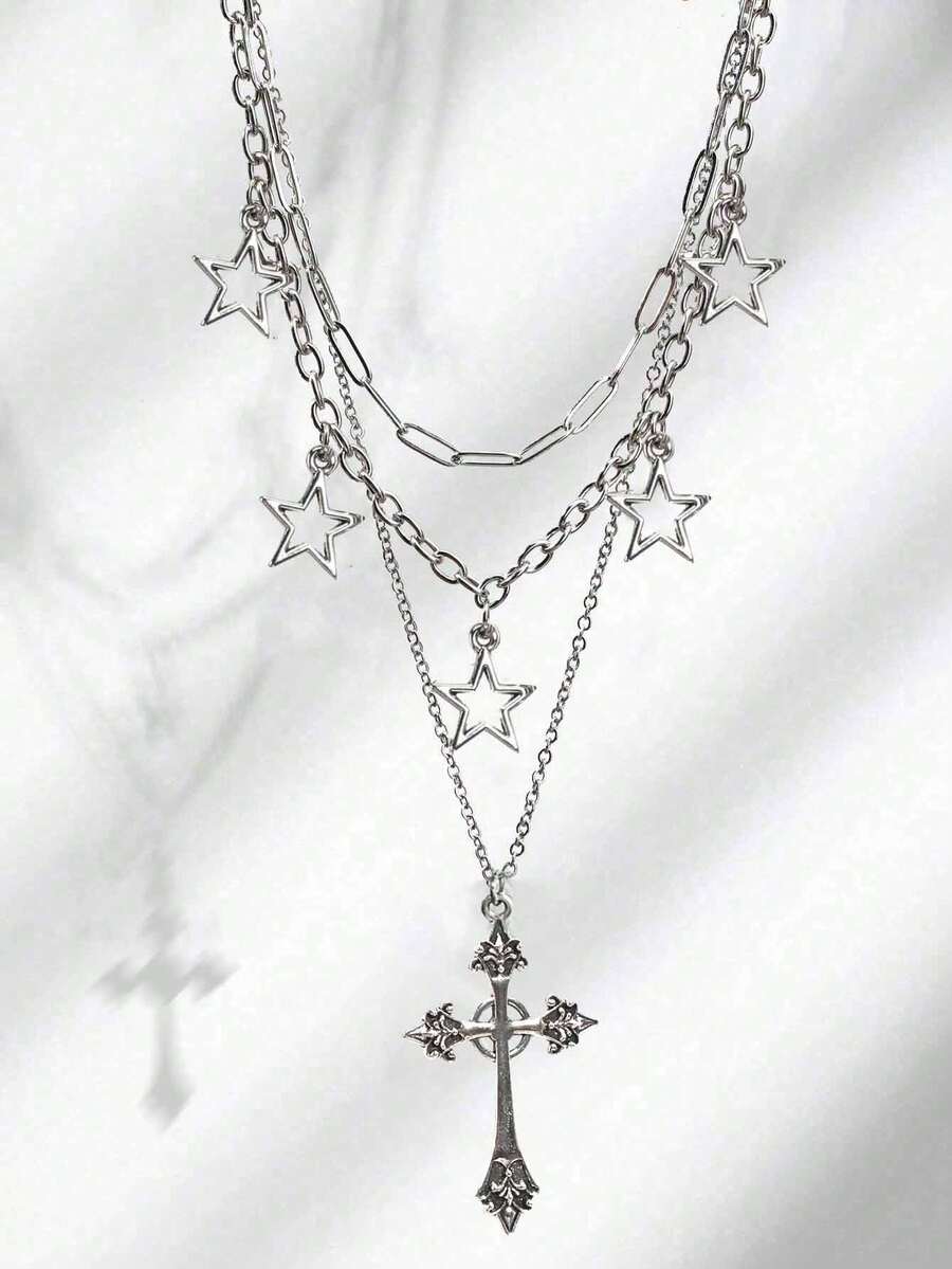 3件組復古哥德風鏤空五角星十字架項鍊套組,銀色星星吊墜項鍊,時尚女款吊墜項鍊套組,個性百搭Y2K項鍊 - 銀色 - 查看 1