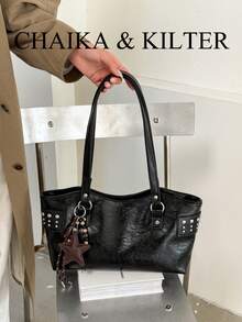 1pc Fashion Studded PU Leather Shoulder Bag, Suitable For Commuting, Shopping, Etc. (With Pendant) - Black - View 10