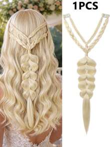 1pc V-Shaped Clip-In Bubble Braid Hair Extensions, Brown Highlighted Synthetic Pre-Braided Hair Piece, Bohemian Style Clip-In Braids, Suitable For Women's Festival And Daily Hairstyles (Multiple Colors Available) - Multicolor - View 8