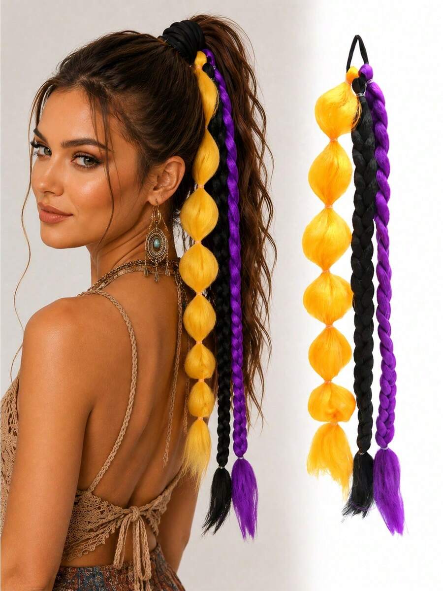 3-Color Bubble Ponytail Wig, 24inch Colorful Braided Wig Accessories, High-Temperature Resistant Fiber Ponytail - Multicolor - View 1