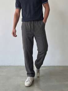 Men's Drawstring Waist Straight Leg Casual Pants, Dark Gray Front Seam Design, 3D Cut, Draped Loose Fit, Versatile Everyday Trousers - Grey - View 1