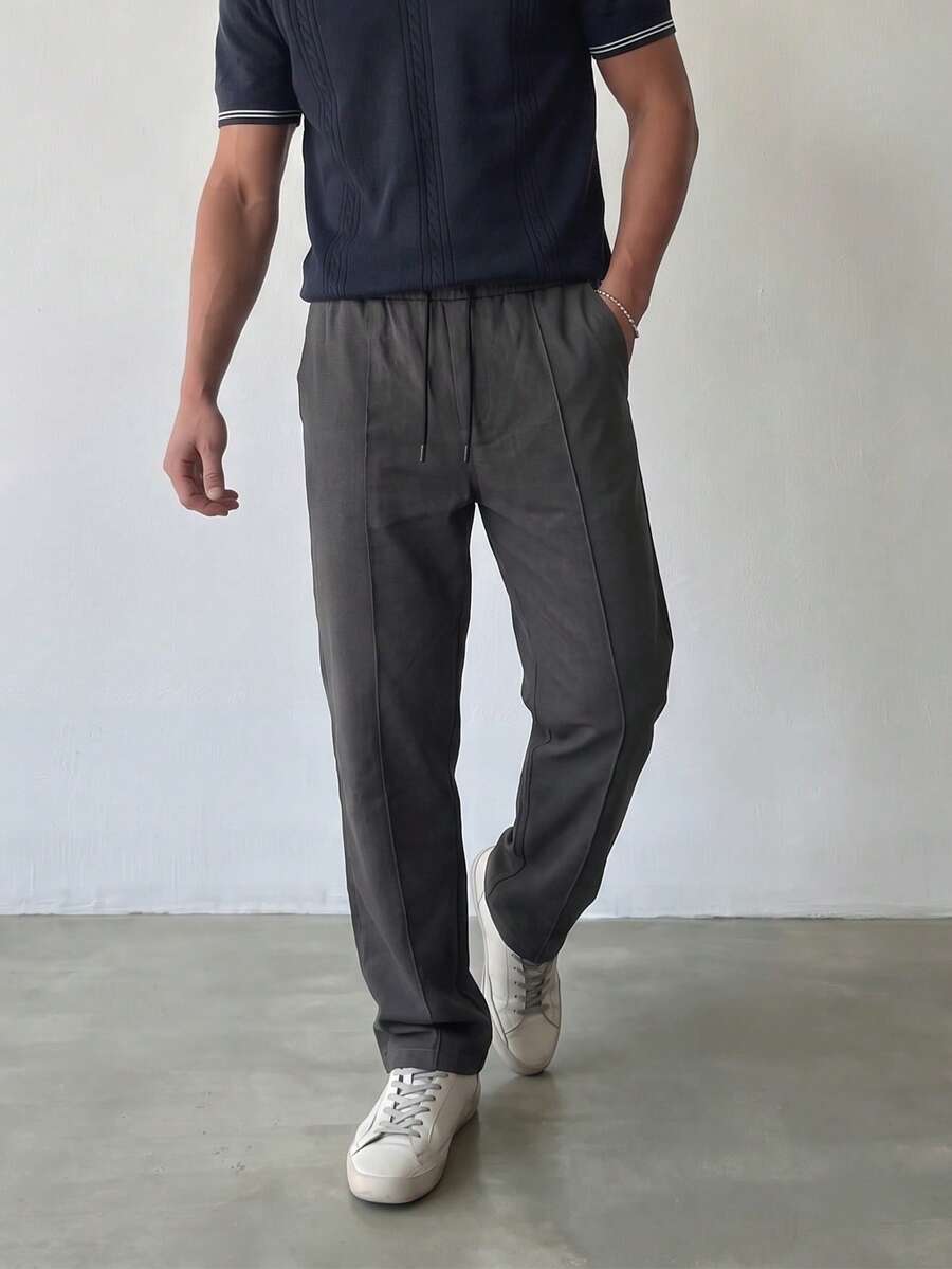 Men's Drawstring Waist Straight Leg Casual Pants, Dark Gray Front Seam Design, 3D Cut, Draped Loose Fit, Versatile Everyday Trousers - Grey - View 1