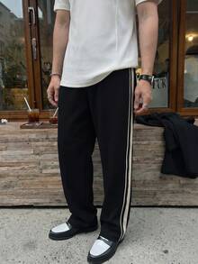 Men's Side Color Block Striped Straight Leg Casual Pants, Black Drape Loose Wide Leg Sweatpants, Daily Commute Trousers - Multicolor - View 3