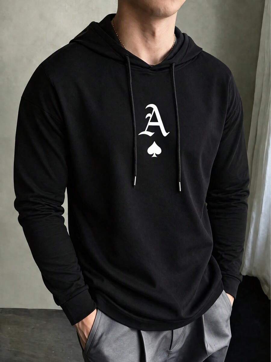 Men's Black Hooded Long Sleeve T-Shirt, Spring/Autumn, Chest Ace Of Spades Letter Print, Drawstring Hood Casual Top