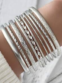 10件組時尚百搭復古誇張多層扭繩手鍊 - 銀色 - 查看 5