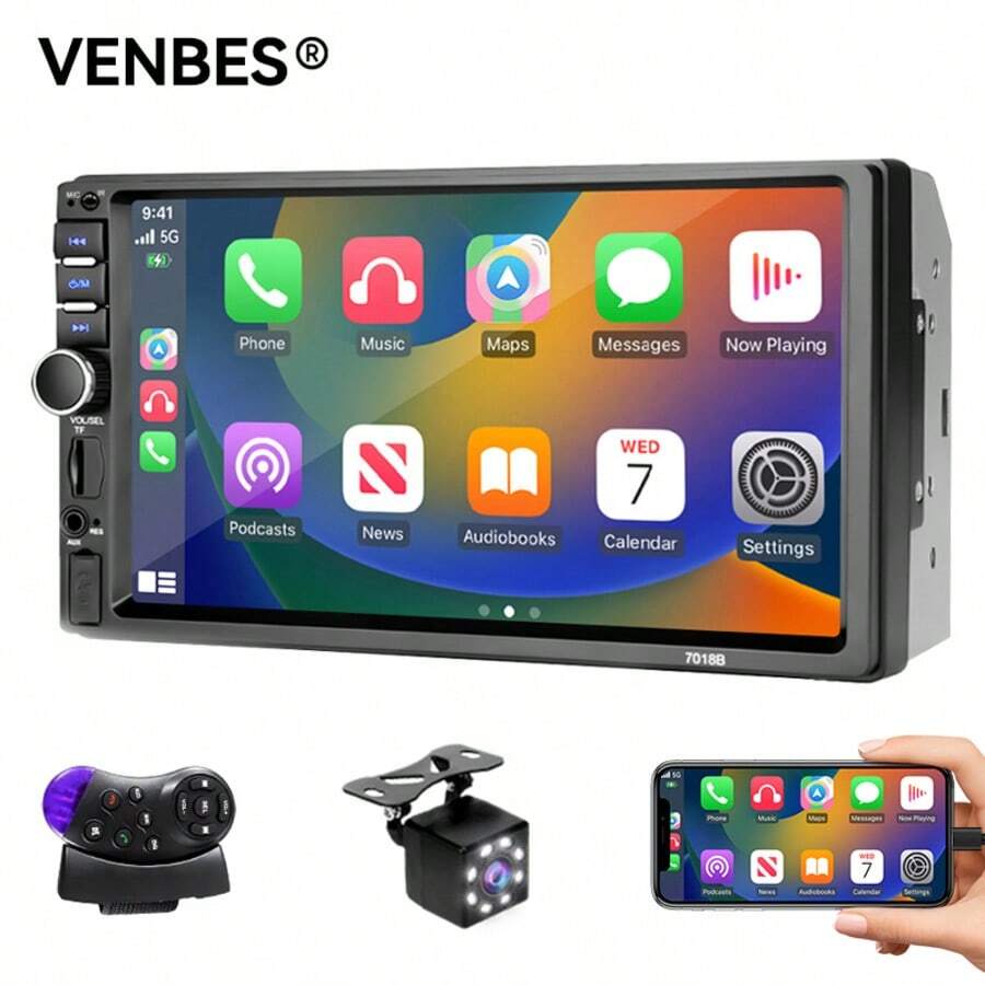 VENBES 7 Inch Single DIN Car Radio, Supports Apple CarPlay, High-Definition Touchscreen Bluetooth Mirroring Car Stereo, AM/FM, USB, EQ, SWC, Optional 8-LED Backup Camera - 8‑LED Square Rear‑view Camera - View 1