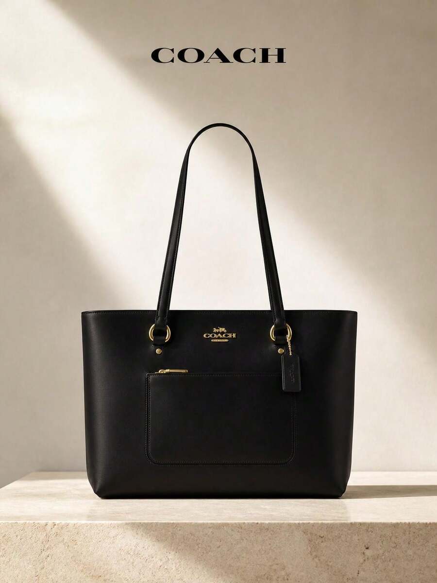 حقيبة كتف جلدية كبيرة COACH Station Tote سوداء للنساء للتنقل والعمل - الأسود - مشاهدة 1
