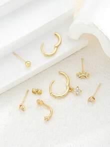 6pcs Fashion Minimalist Elegant Flower Copper Zirconia Inlaid Gold Earrings Set For Women, Suitable For Vacation, Date, Party, Ball, Banquet, Holiday, Birthday Gift, Daily Wear - Yellow Gold - View 6