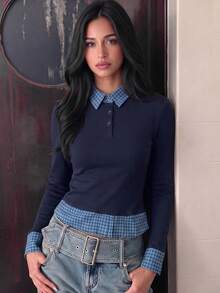 Women's Preppy Style 2 In 1 Polo Collar Long Sleeve T-Shirt, Layered Slim Fit Base Layer Top - Blue - View 2