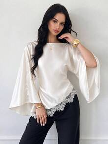 Elegant Women's White Off-Shoulder Top With Flowing Bell Sleeves And Asymmetrical Contrast Lace Hem - White - View 3