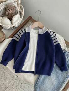 Boys' Preppy Colorblock Striped Stand Collar Raglan Sleeve Knit Cardigan Sweater, Suitable For School Daily Wear In Spring, Autumn And Winter - Navy Blue - View 1
