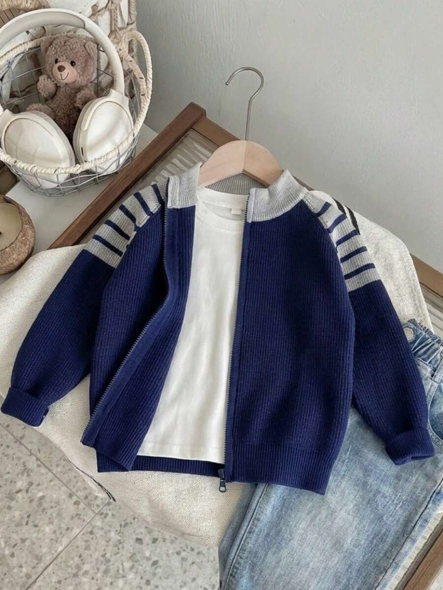 Boys' Preppy Colorblock Striped Stand Collar Raglan Sleeve Knit Cardigan Sweater, Suitable For School Daily Wear In Spring, Autumn And Winter - Navy Blue - View 1