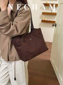 1pc Vintage Suede Solid Color Minimalist Elegant Shoulder Bag Large Capacity Casual Versatile Tote Bag - Coffee Brown - View 2