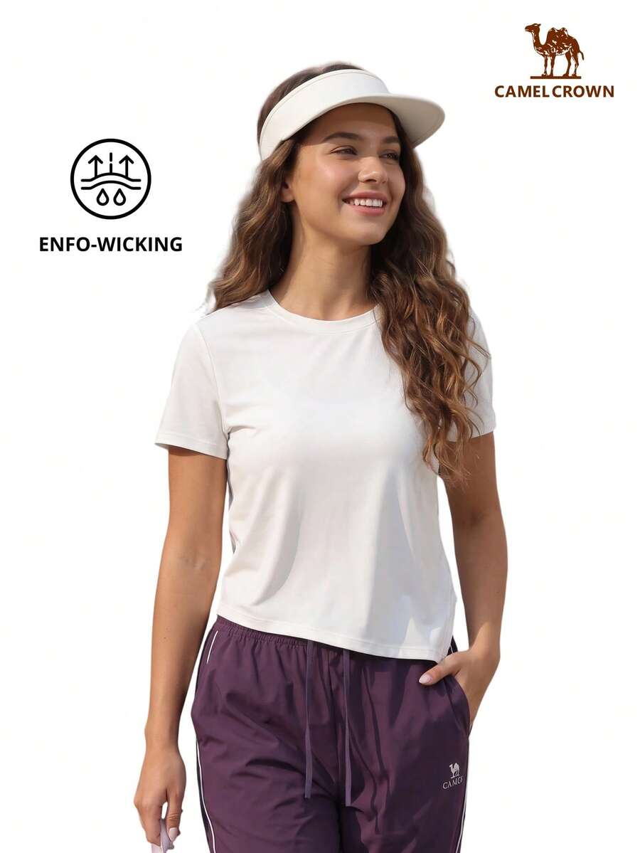 CAMEL CROWN 女款戶外運動T恤,快乾透氣跑步健身服 - 白色鵝卵石 - 查看 1