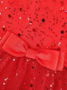 Girls Elegant Luxury Red Bow Sequin Short Mesh Dress, Princess Dress For Ball, Birthday Party, Christmas - Red - View 7