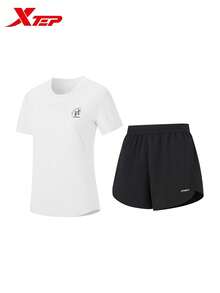 XTEP Short Sleeve Sports Set | 2 Pieces Short Sleeve Set, Autumn 2026 New Breathable Comfortable Sports Set For Women, Bone White - Original White - View 3