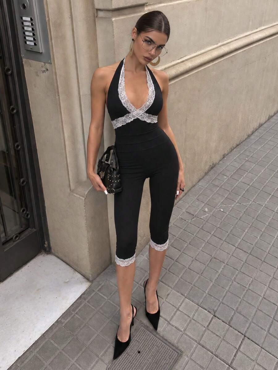 Zerodot Women Black Halter Neck With White Lace Detail Capri Jumpsuit Party Going Out Fall Pre Fall - Black - View 1