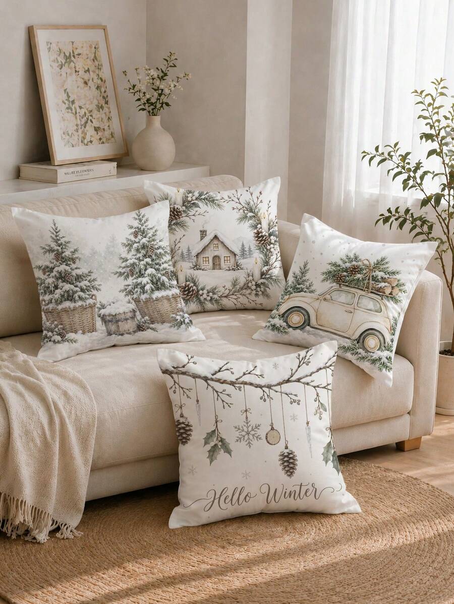 MEMNUN 4pcs Winter Pine Tree Snow Scene Forest Cabin Print Cushion ...