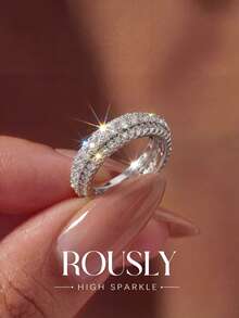 1pc Triple Row Full Rhinestone Ring, Suitable For Women, Elegant Crystal Earrings, Luxury Jewelry - Silver - View 1