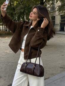 Fashionable Women's Brown Polyester Short Jacket, Velvet-Like Touch, Collar And Zipper Closure, Suitable For Autumn - Brown - View 5