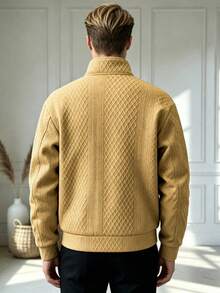 Men's Fleece Lined Jacket, Casual Daily Wear, Diamond Jacquard, Autumn Standard Fit, Zipper Closure, Ribbed Cuffs And Hem, Polyester Spandex Blend, Khaki Color - Khaki - View 2
