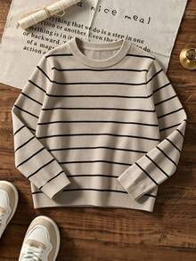 Big Boys Striped Crew Neck Knit Sweater, Long Sleeve Slim Fit Casual Autumn Knit Pullover, Suitable For Daily Wear - Apricot - View 3