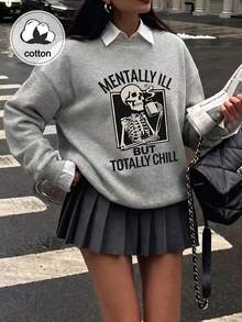 Women's Vintage Vertical Striped 3D Letter Print Crew Neck Long Sleeve Sweatshirt, Casual Top For Autumn/Winter - Light Grey - View 5