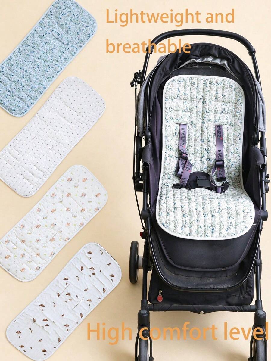 1pc Quilted Printed Baby Stroller Seat Pad, Thin Breathable Comfortable Lightweight All-Season Stroller Liner - Beige - View 1
