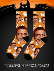 1 Pair Customized Mid-Calf Socks, Bow Tie Pattern, Customized Face Pattern Socks, Couple Socks, Customized Photo Socks, Customized Printed Socks, Personalized Funny Face Pattern Socks, Customized Image Socks, Can Print Any Face Shape On Socks, Anniversary Gift, Valentine's Day Gift, Birthday Gift, Wedding Gift, Mother's Day Gift, Father's Day Gift, Gift For Best Friend, Gift For Parents, Gift For Girlfriend/Boyfriend - Orange - View 6