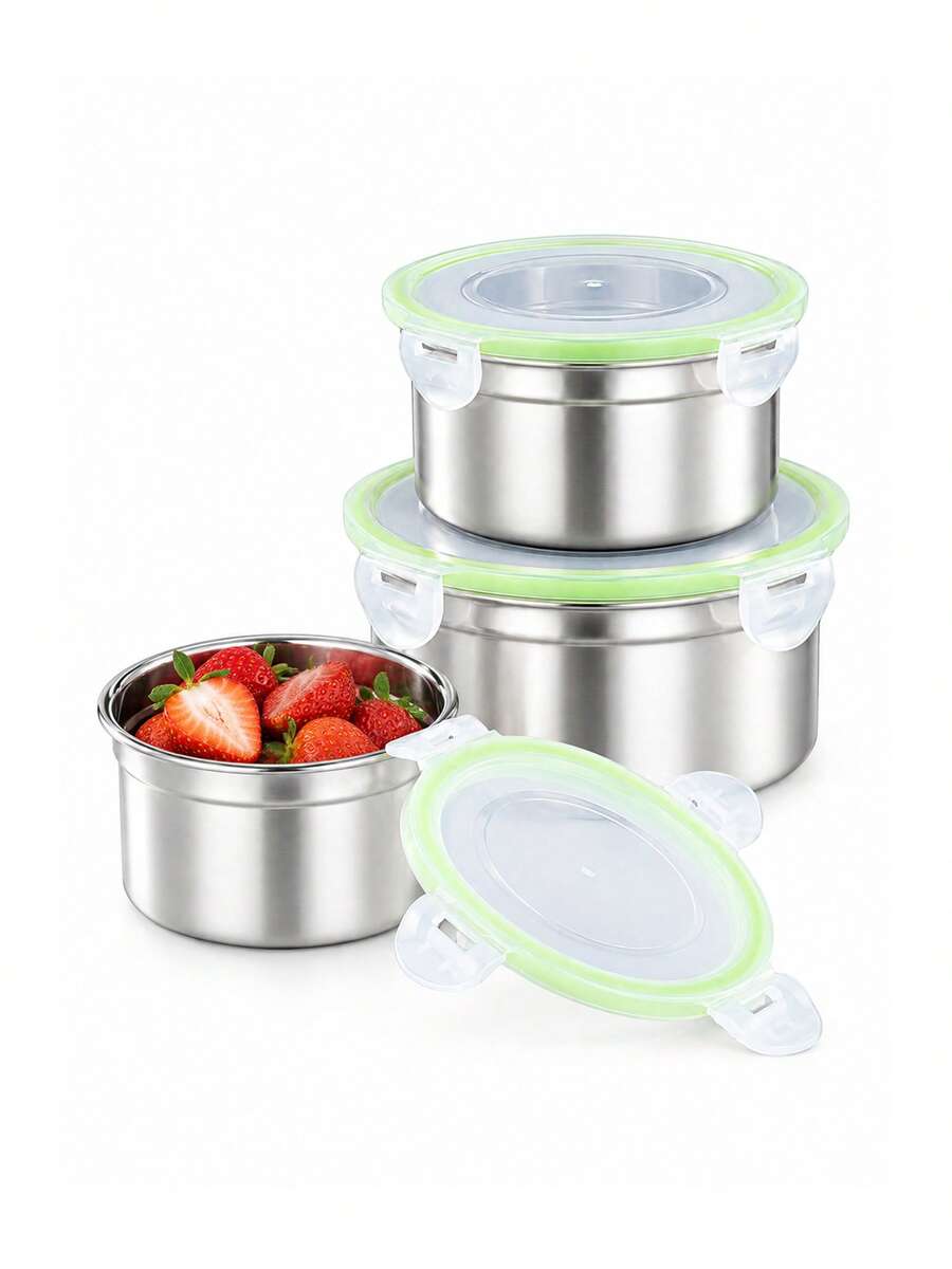Meoky 3Pcs 304 Stainless Steel Round Food Storage Containers With Lids, Stackable Sealed Box, Refrigerator Organizer, Outdoor Picnic & School Lunch Meal Prep Box(Green Cap) - Green Ring Transparent Lid - 3-piece Set - View 1