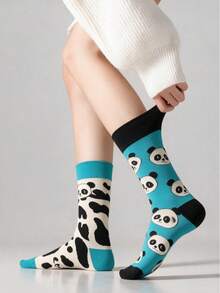 Cartoon Women's Knee-High Socks, College Style Asymmetrical Design Couple Socks - Multicolor - View 10