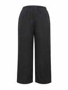Plus Size Women's Drawstring Waist Pocket Wide Leg Loose Casual Long Pants - Black - View 6