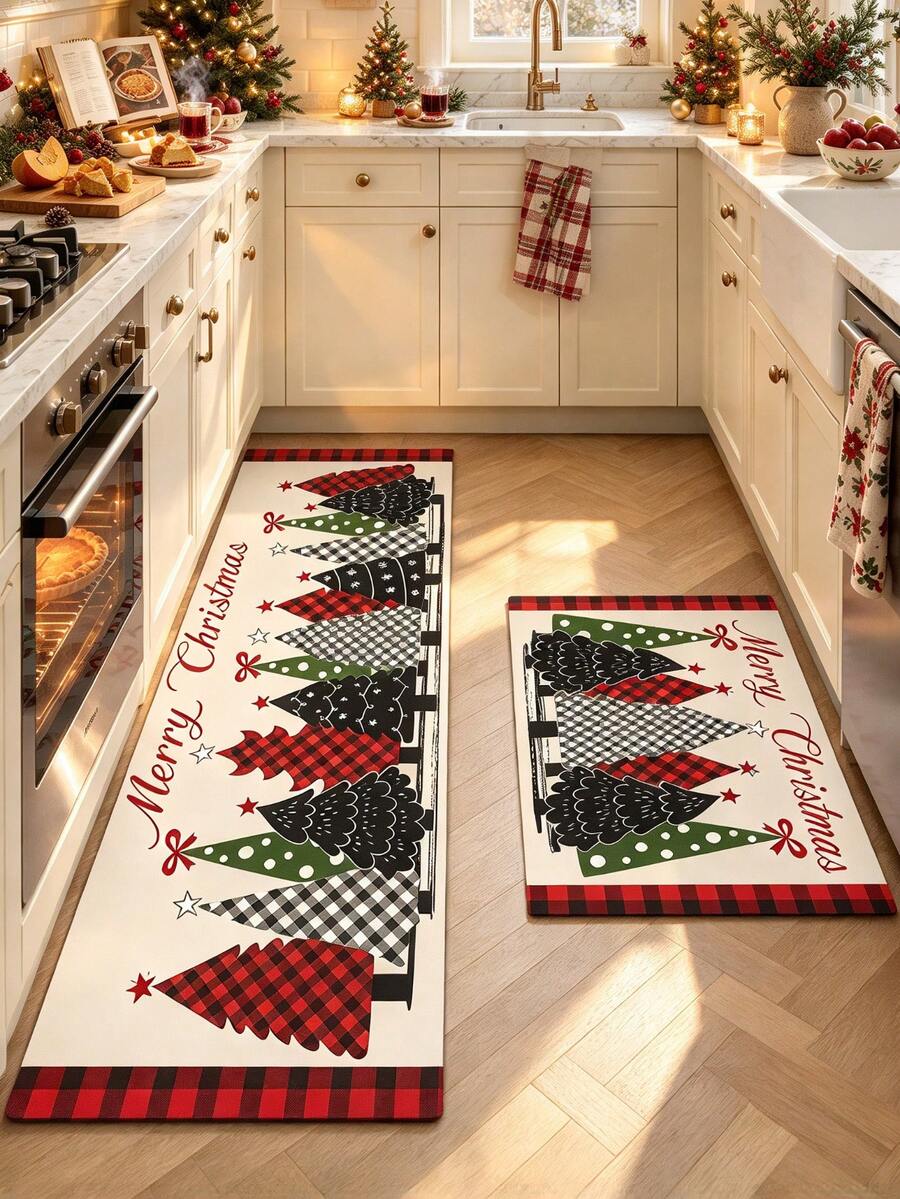1/2pcs Christmas Kitchen Decor Rug, Colorful Christmas Tree Pattern Design Winter Kitchen Rug And Mat, Non-Slip Washable Absorbent Kitchen Accessories Decor Mat, Christmas Holiday Gift! - Multicolor - View 1
