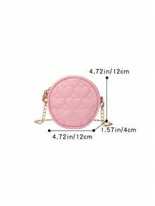 1pc Zipper Closure PU Leather Embroidered Heart Children's Shoulder Bag, Solid Color Embroidered Chain Small Round Bag For Girls - A - View 2