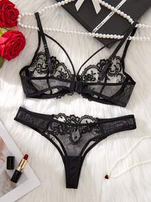 Women's Classic Black Lingerie Set, Exquisite Floral Embroidered Spaghetti Strap Bra, Elegant Transparent Mesh Matching Panties - Black - View 4