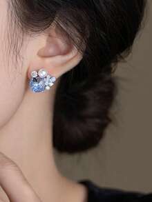 1 Pair Fashionable Blue Sparkling Rhinestone Pearl Stud Earrings For Women, Niche Design, High-End Luxury, Versatile Earrings - Multicolor - View 4