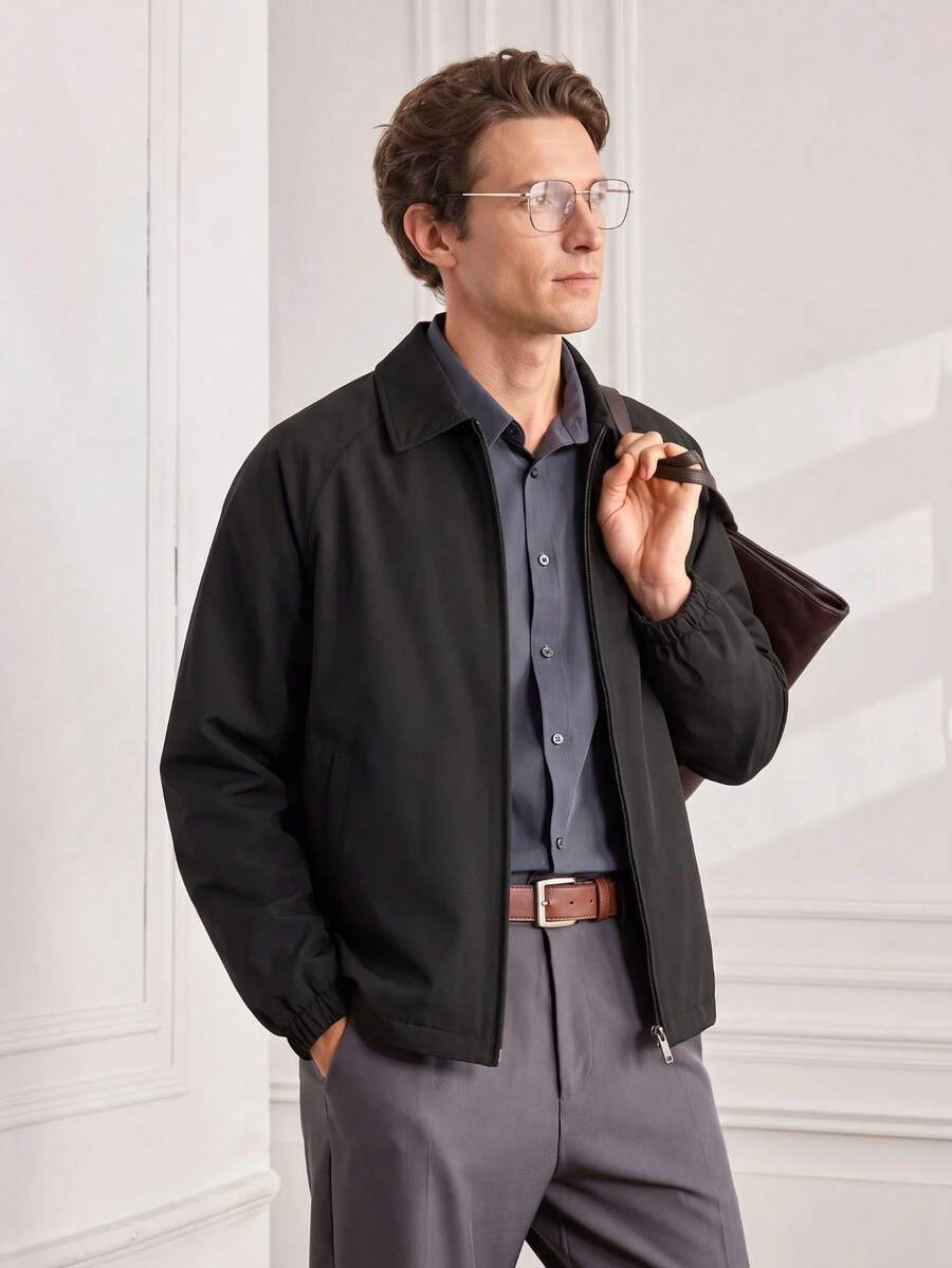 Officeau Men's Solid Color Zipper Placket Long Sleeve Fashion Versatile Jacket - Black - View 1