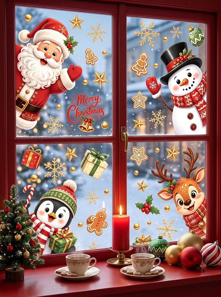 Joivida 48pcs/4 Sheets Large Christmas Window Stickers, Christmas Snowman, Santa Claus, Reindeer, Snowflake, Tree, Suitable For Holiday Party Home Office Classroom Window Sticker Decoration, Winter Silhouette Indoor Glass Decor - Multicolor - View 1
