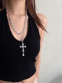 1pc Y2K Gothic Double Layer Crystal Bead Cross Rhinestone Water Drop Pendant Necklace, Layerable For Women And Girls, Punk Streetwear, Nightclub Party, Daily Dating, Hip Hop Dark Style Neck Accessory - Cross Pendant Necklace - View 6