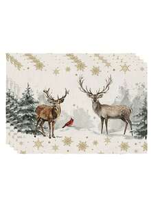 2/4/6Pcs Christmas Placemat, Watercolor Winter Forest Deer & Cardinal Bird Print Linen Table Mat, Winter Holiday Table Decor For Dining Table, Farmhouse Xmas Party Kitchen Tabletop Decoration, Holiday Season Table Accessory - White - View 10
