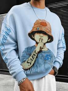 Krometka Men's Light Blue Distressed Crew Neck Sweatshirt, American Cartoon Character Graffiti Print Gothic Font Drop Shoulder Loose Fit Long Sleeve Top - Blue - View 4