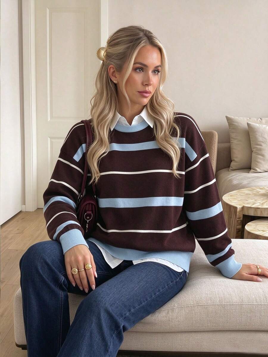 Women's Blue Colorblock Crew Neck Long Sleeve Sweater Set, Autumn/Winter, Skin-Friendly, Slouchy, Casual Daily Wear