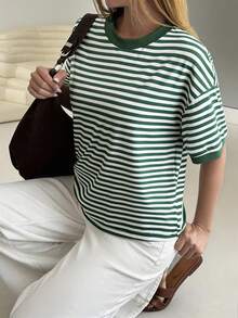 GLAMSKIN Women's Summer/Autumn Basic Striped Crew Neck Loose Short Sleeve T-Shirt, Solid Color Minimalist Casual Top, Suitable For Back To School, Outings, Streetwear, Work Commute - Green - View 8