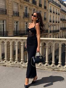 Women's Solid Color Mesh Splice Sexy Vacation Dress - Black - View 3