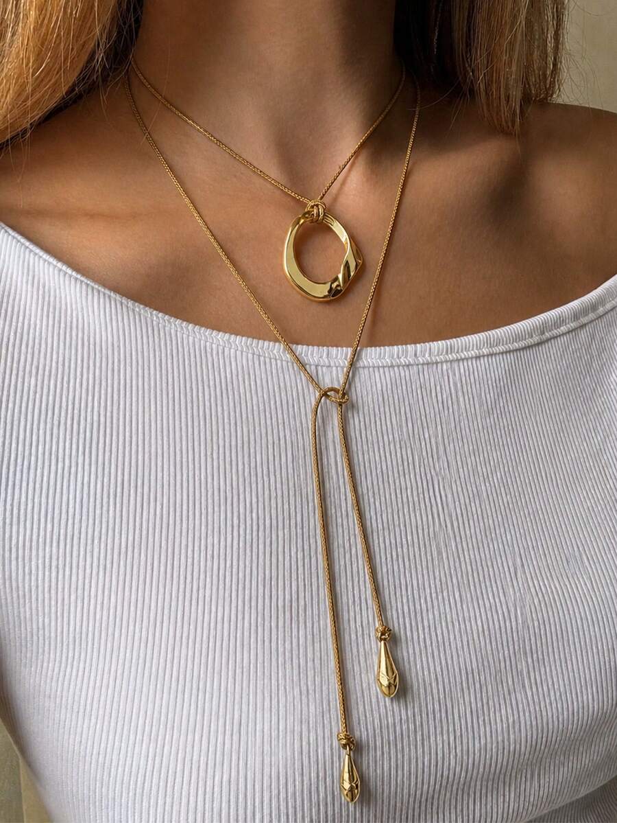 1pc Fashionable Minimalist Vintage Geometric Pendant Long Necklace For Women, Suitable For Vacation, Dating, Party, Ball, Banquet, Holiday, Birthday Gift, Daily Wear - Brown - View 1